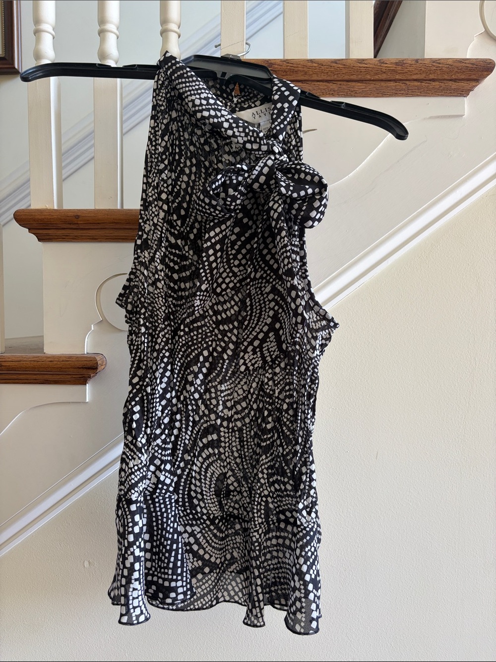 Allison Taylor Black and White One-Shoulder Tie-Neck Dress